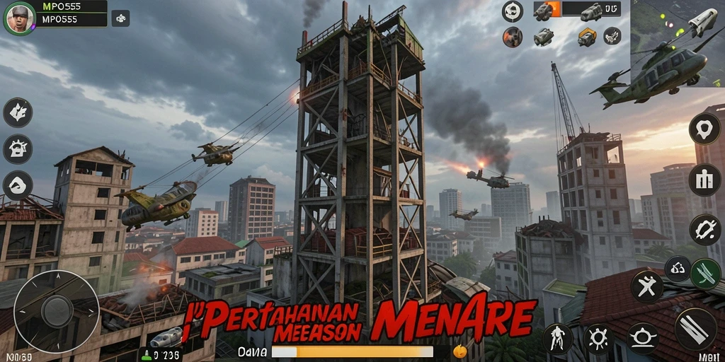 Screenshot gameplay MPO555 menampilkan aksi Tower Defense yang seru.